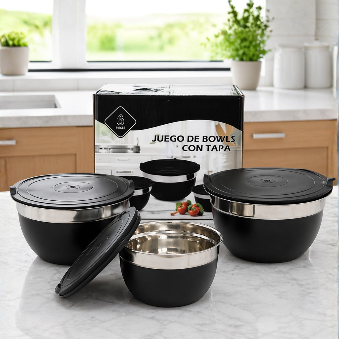 Juego de 3 Bowls Tazón de Acero Inoxidable con Tapa Negro PST307 Selecto