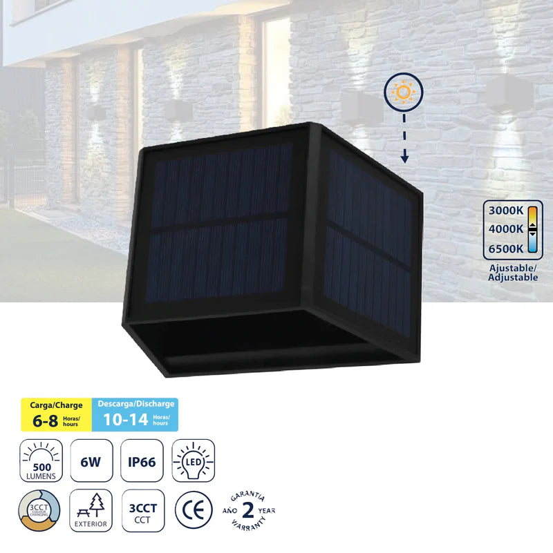 Lámpara De Pared Solar LED 6W CCT, 500Lm, 3000K/4000K/6500K, 155X100x97mm, Batería 3.7V 2000Mah Luz. Solar Para Exteriores. CL079-SOL-14-6W-CCT-Z