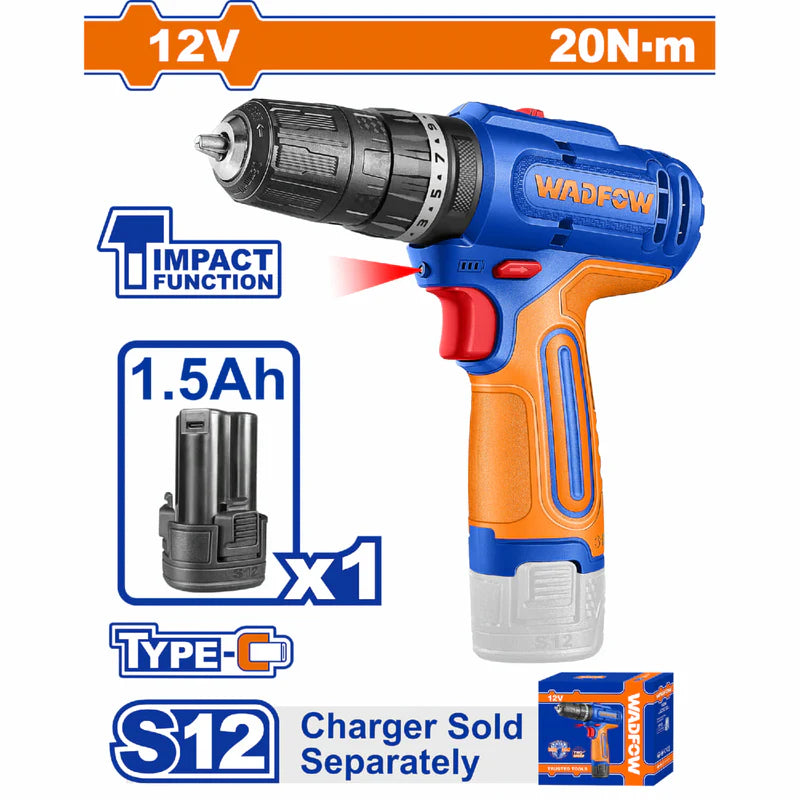 Taladro Drill Inalámbrico Función Impacto 12V 3/8" 0.8-10Mm. 0-400 / 0-1500Rpm. 20NM. Cargador Por Separado. WCDS5681 WADFOW
