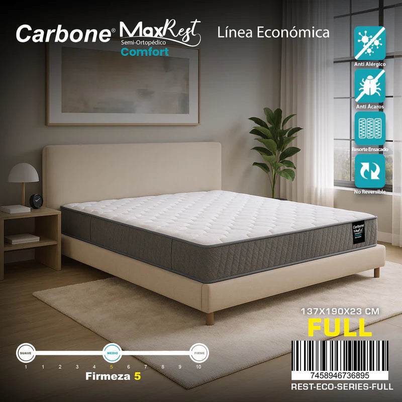 Colchones Semi-Ortopédicos Empacados Al Vacío Max Rest. Línea Económica Con Resortes, 23Cm (9") Espesor. Textil Bekaert Deslee Original De Belgica Nivel De Firmeza 5. CARBONE