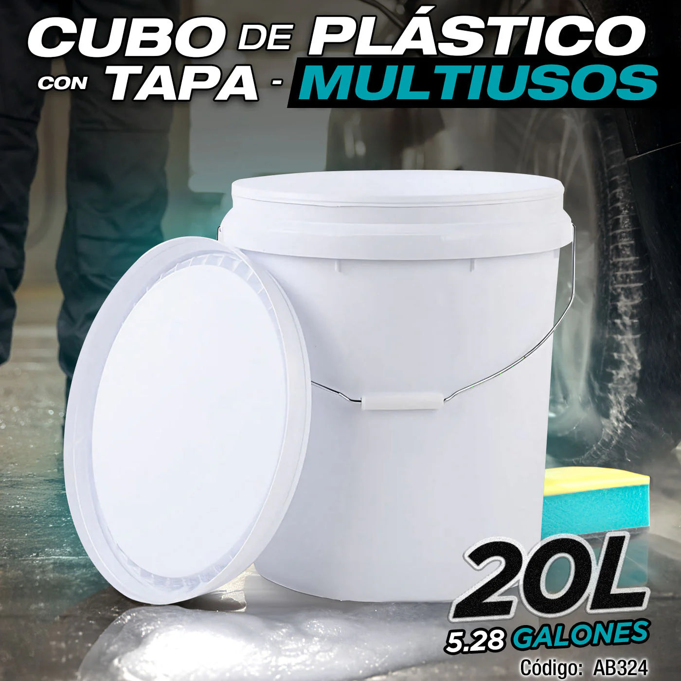 Cubo De Plástico Con Tapa Multiusos 20 Litros (5.28 Galones). Cubeta. Tanque. AB324