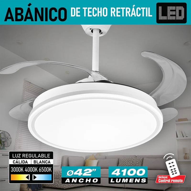 Abanico De Techo Con Lámpara. 3 Tonos De Luz. 42" Ventilador A Control Remoto. Fan 110V Color Blanco AN51