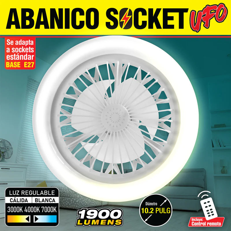 Abanico Socket De Techo Ventilador UFO LED 10" Base E27 30W, Luz Regulable Calido Y Blanco, CCT. 260X120mm Dimeable AN54