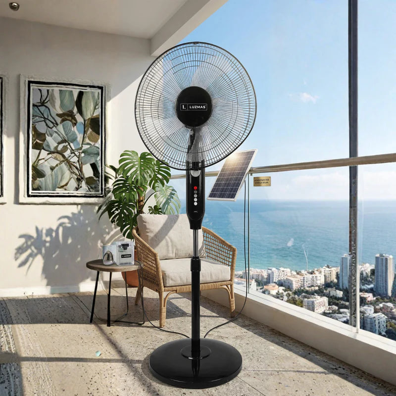 Abanico De Pedestal Solar 16” De 8000Mah Y 15W. Ventilador Recargable Portátil De 3 Velocidades Con USB Tipo C. Luz 6500K Y Autonomía 5-6 H. Color Negro CL345-SOL-23-FAN-BK-Z