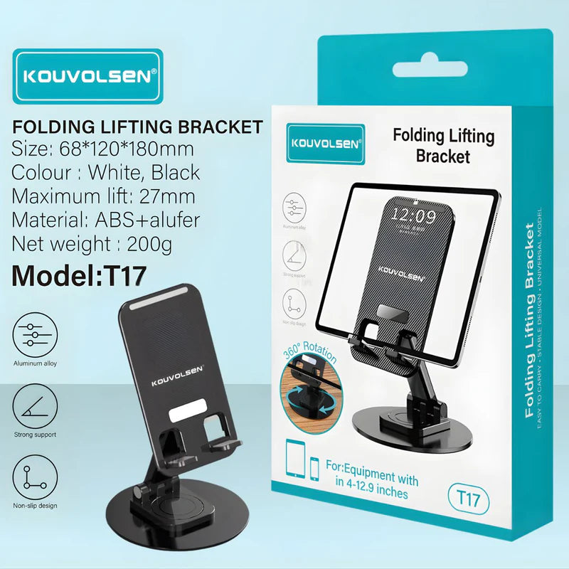 Soporte Plegable Y Elevable Para Celular Y Tablet. Base De Escritorio Con Rotación 360° Y Diseño Antideslizante. Color Negro. T17