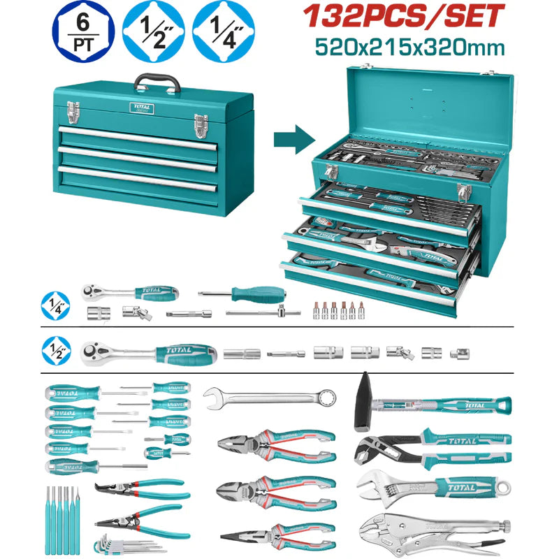Caja De Herramientas Variadas 3 Niveles Y Una Base. Incluye 132 Piezas. Juego Kit Total THPTCS71321 TOTAL