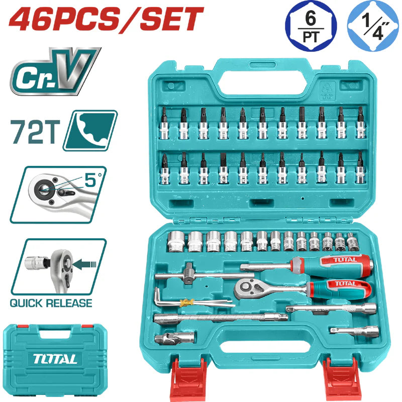 Dados Socket Ratchet Mango Kit 1/4" Cr-V 45T. Set De 46 Piezas Variadas. Total THT141462 TOTAL