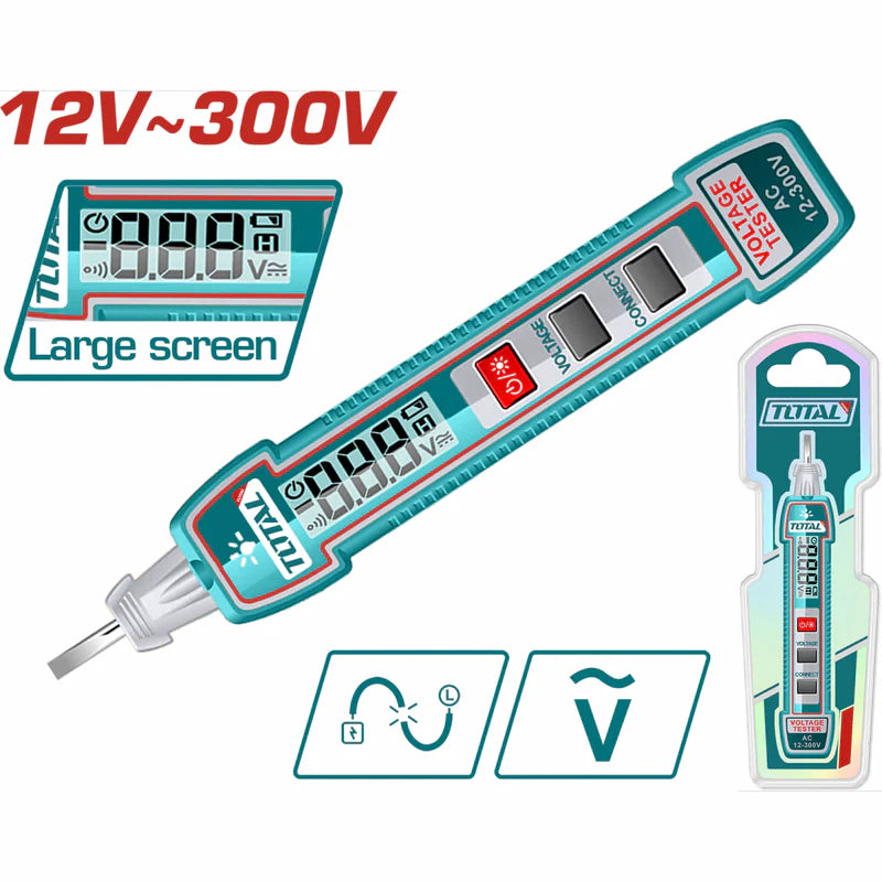 Medidor Probador De Voltaje De Lápiz AC 12-300V. Pantalla LCD Digital. Automotriz THTS33001 TOTAL