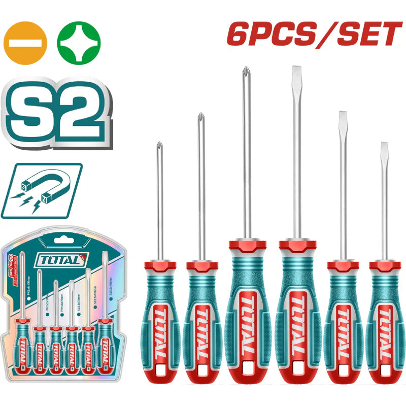 Destornilladores Punta Plana (SL5.5 SL6.5) Y Punta Estrella (PH1 PH2) Magnético. Set 6 Piezas. Total TKSDS0626