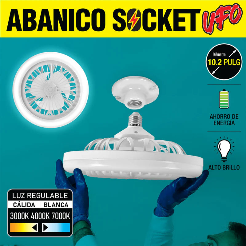 Abanico Socket De Techo Ventilador UFO LED 10" Base E27 30W, Luz Regulable Calido Y Blanco, CCT. 260X120mm Dimeable AN54