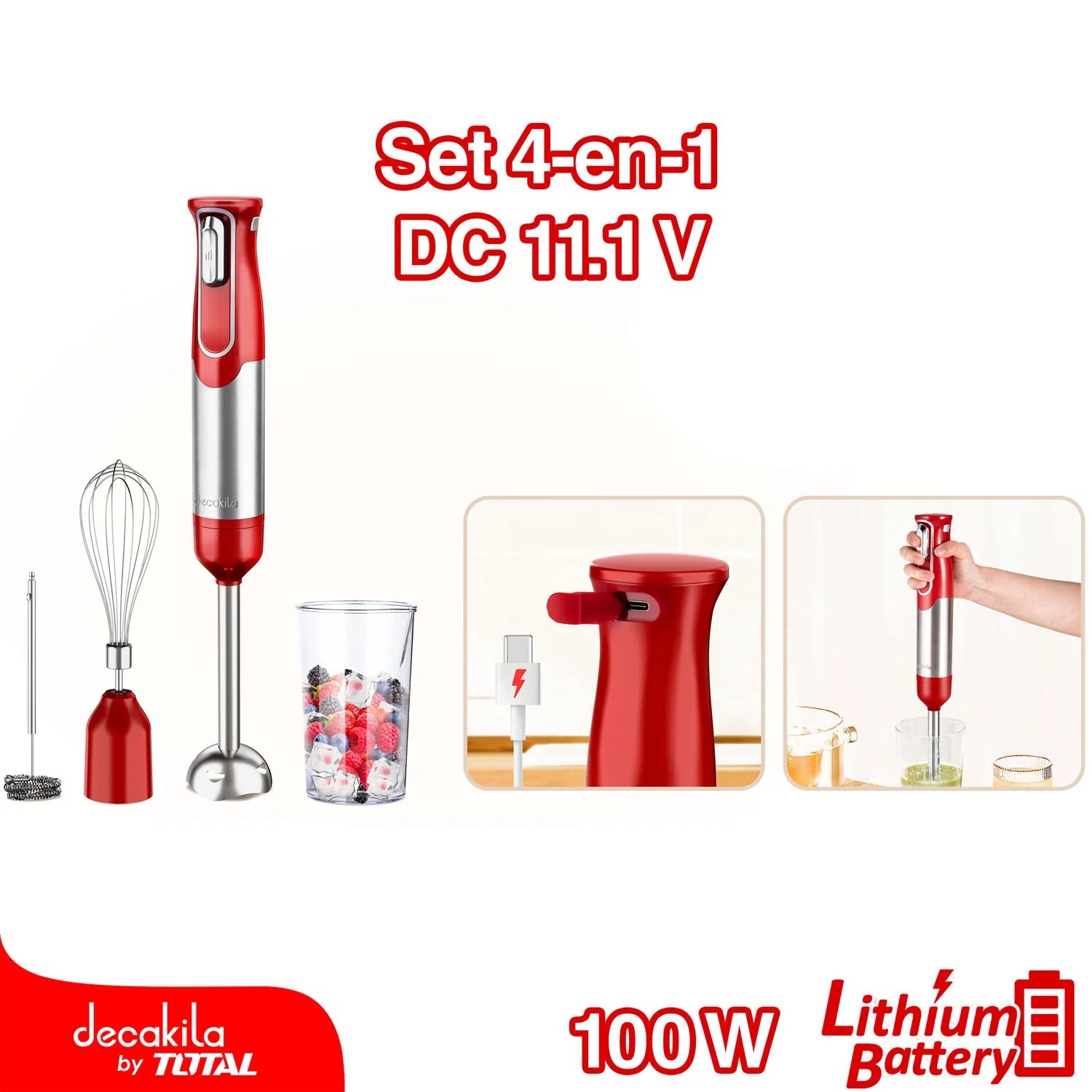 Batidora De Mano Inalámbrica 4 En 1. 100W. 11.1 V. Cable USB. Batería De Litio. KMJB024R DECAKILA