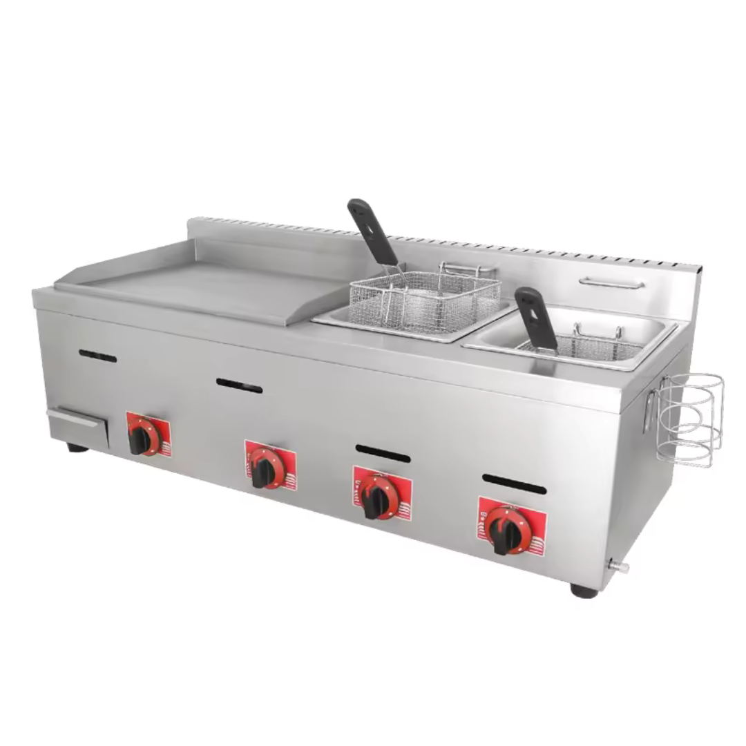 Equipo 2en1 a Gas de Acero Inoxidable con Plancha y Doble Freidora HGG-780 Selecto