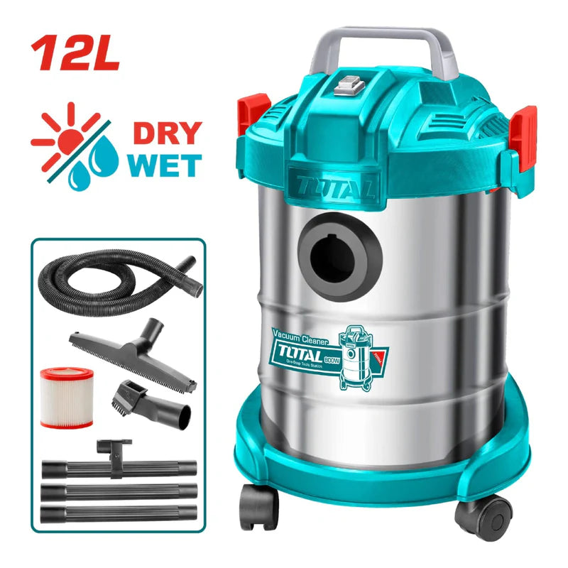 Aspiradora De Limpieza Seco O Mojado 12 L. 800W. Tanque Acero Inoxidable. 110V-120V/60Hz Total UTVC14122 TOTAL