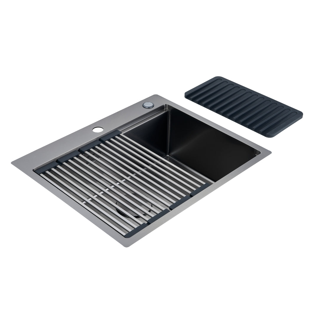 Fregador Sobre Bajo Tope + Grifo Toledo de Acero Inoxidable Negro Lugano BS Gasco