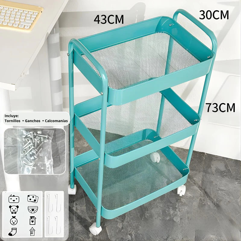 Carrito Organizador Metálico De 3 Niveles 17X12x28” (43X30x73cm) Carrito Auxiliar Multifuncional Para Hogar, Oficina, Cocina Y Baño. Color Celeste TU704
