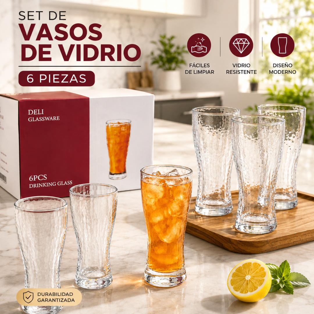 (LLEGANDO 3 DE JULIO) Set de Vasos de Vidrio CITINOVA BW-46-13 | Juego de 6 Vasos Resistentes con Diseño Moderno