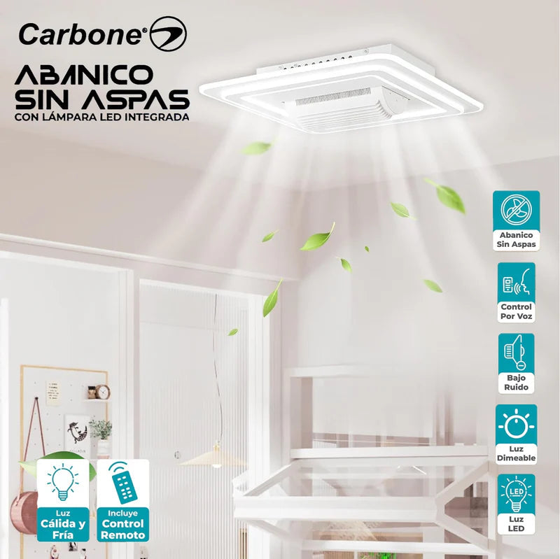 Abanico Sin Aspas Lampara LED Cuadrada Decorativa Control Por Voz Dimeable 3000-6500K De 21" (54Cm) 68W JYABL004 CARBONE