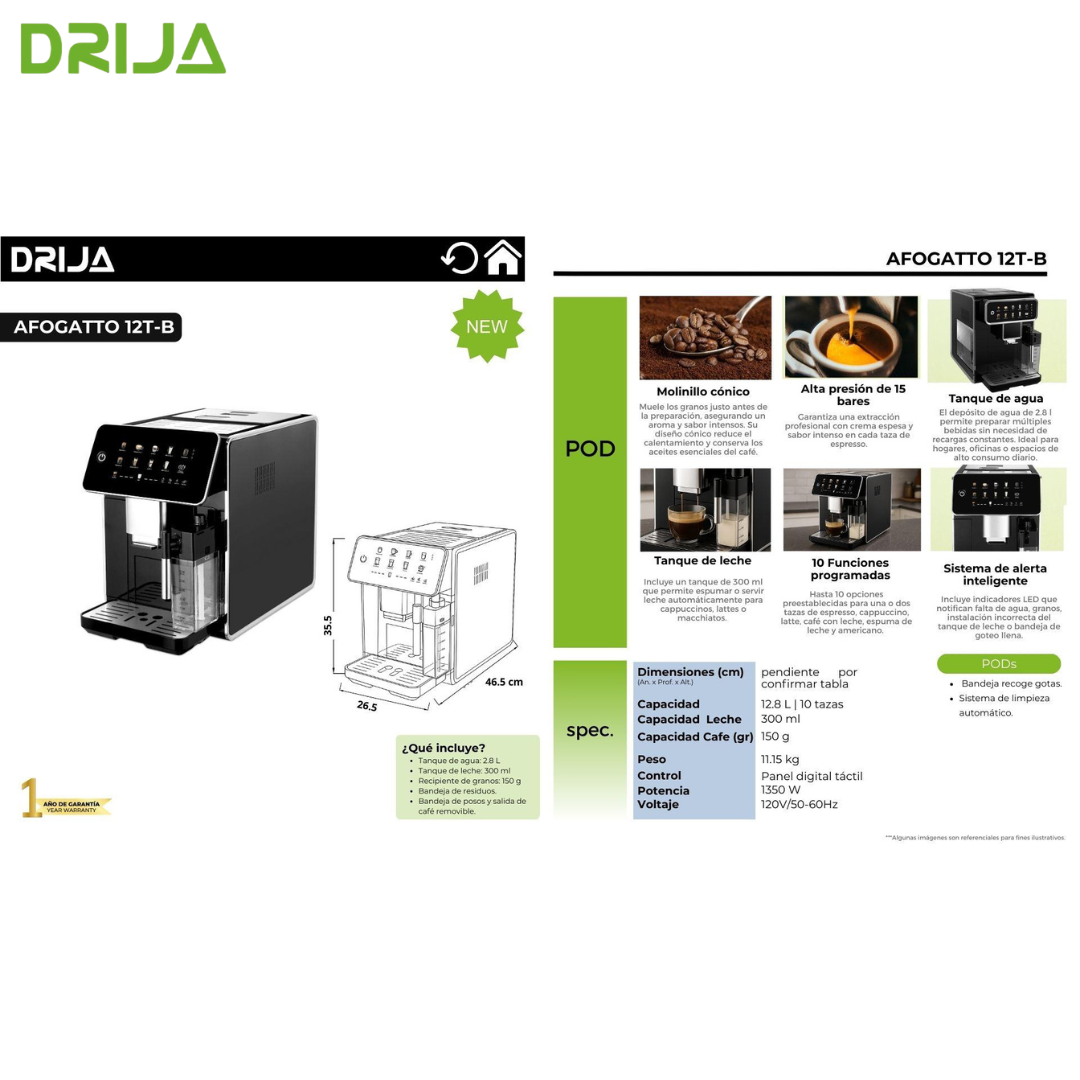 Cafetera Automática 12 Tazas Pantalla Digital 9 Funciones 1.5L AFOGATTO 12T-B Drija Espresso. Expresso. Americano. Capuccino. Moka. DRIJA