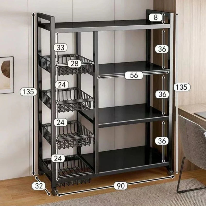 Estante Repisas Carrito Organizador De 4 Niveles. Color Negro 135X90x32cm. Anaquel Multiusos De Almacenaje Con Ruedas. AB911