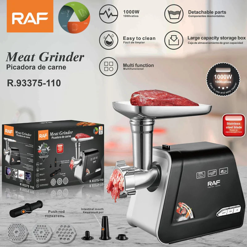 Moledora De Carne Eléctrica 1000W. Picadora De Carne Con Cuchilla De Acero Inoxidable Y Accesorios Para Embutidos 110V. R.93375-110 RAF