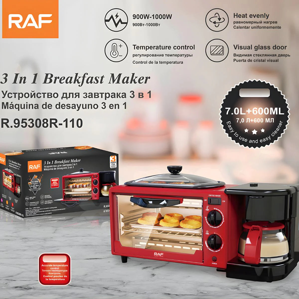 Estación De Desayuno 3 En 1 Con Horno Tostador, Cafetera Y Plancha Superior. Capacidad 7L + 600Ml 110V. R.95308R-110 RAF