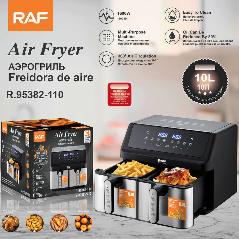 Freidora De Aire 10L Doble Canasta 1600W. Air Fryer Con Pantalla Digital Y Circulación De Aire 360° 110V. R.95382-110 RAF