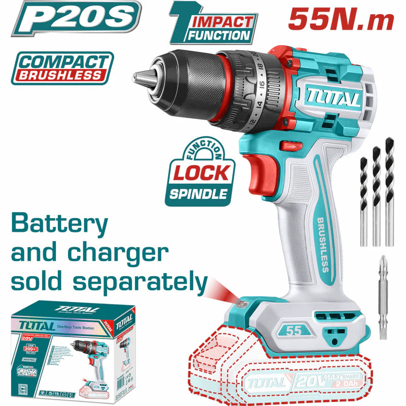 Taladro Inalámbrico De 1/2" 20V Función De Impacto. Motor Sin Escobillas. 55Nm. No Incluye Batería Ni Cargador. Total TIDLI205581