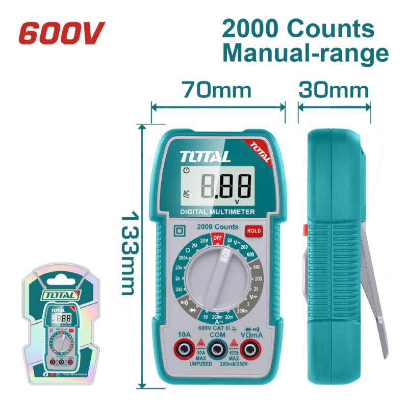 Multimetro Digital 2000 Counts RMS. Detección De Voltaje Sin Contacto. Rango Manual. Total TMT5360011 TOTAL
