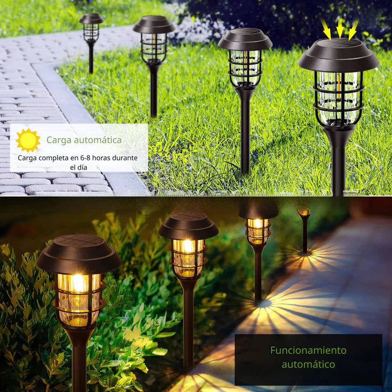 Lampara Solar Para Césped Tipo Estaca LED. (Pack De 8) Lampara Negra Con Panel Solar Integrado. Para Jardín. (Luz Cálida). Foco TU058 Selecto
