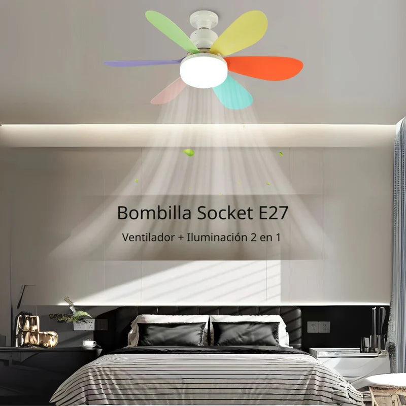 Abanico De Techo Socket De Colores E27 Con Luz Led Regulable 3000-6500K. Ventilador 3 Velocidades, 6 Aspas Y Control Remoto. 520X185mm. Multicolor. TU120 Selecto