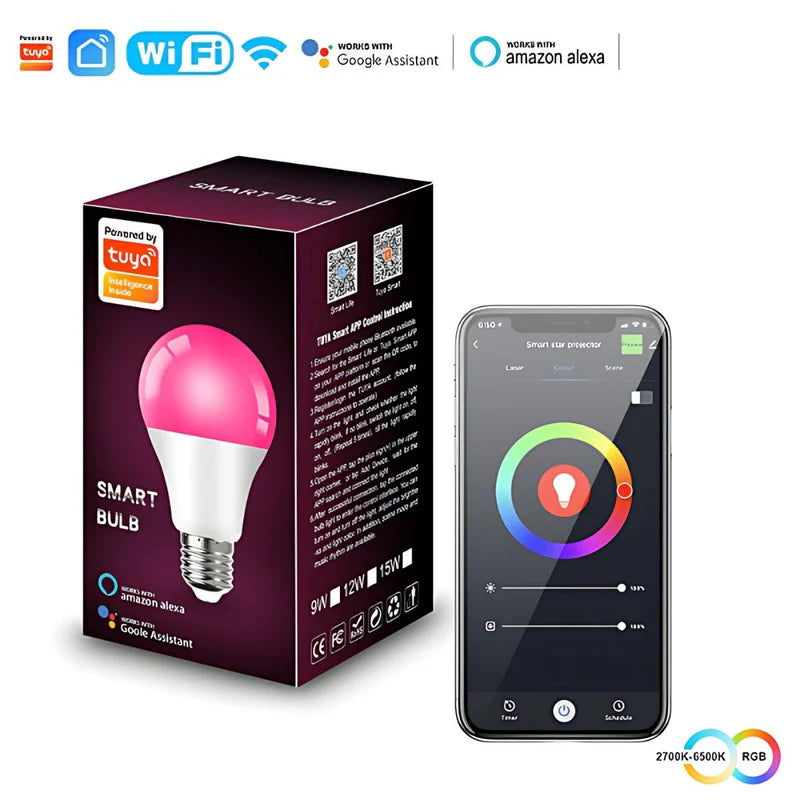 Foco Bombillo Inteligente LED RGB Wifi+Bluetooth. 9W Foco Iluminación RGB Con App Y Control Remoto Compatible Con Alexa Y Google Assistant. Bombilla TU172 Selecto