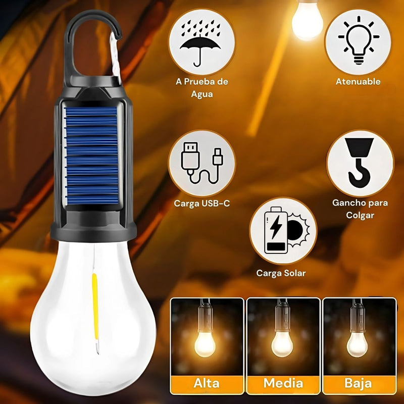 Lámpara Solar De Camping Portátil Recargable USBC. Foco Con Gancho Para Exteriores. Bombilla LED Regulable. Luz Calida Con Dimmer TU191