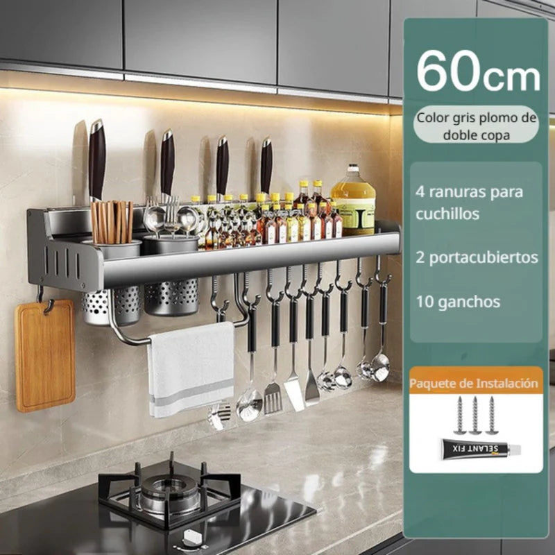 Organizador De Cocina De Pared De Aluminio Especial Con Repisa Y Ganchos. Estante Flotante Multiuso 23.6X5.3" (60X13.5Cm) TU465