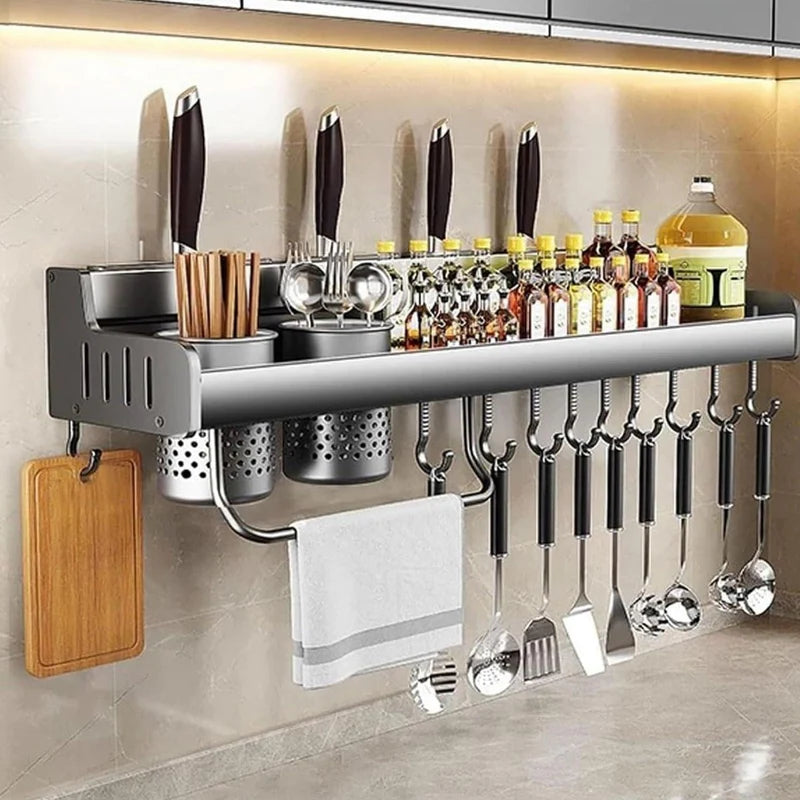 Organizador De Cocina De Pared De Aluminio Especial Con Repisa Y Ganchos. Estante Flotante Multiuso 23.6X5.3" (60X13.5Cm) TU465