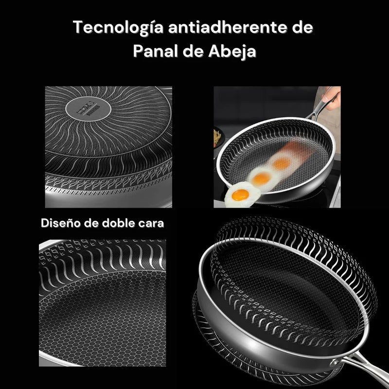 Sartenes Antiadherentes De Acero Inoxidable 316. Tecnología Panal Con Tapa. Selecto