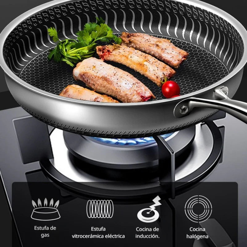 Sartenes Antiadherentes De Acero Inoxidable 316. Tecnología Panal Con Tapa.