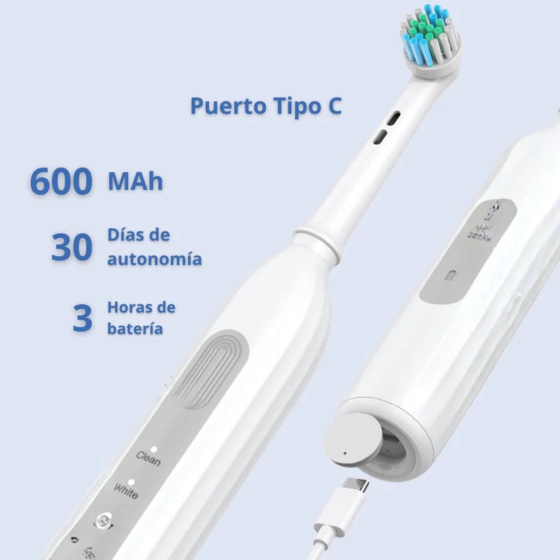Cepillo De Dientes Eléctrico Rotatorio Impermeable IPX7, Carga USB Tipo-C, 600 Mah 30 Días De Autonomía 7500 Vpm, Con 6 Cabezales Y 2 Tapas Antipolvo. Color Negro. TU719