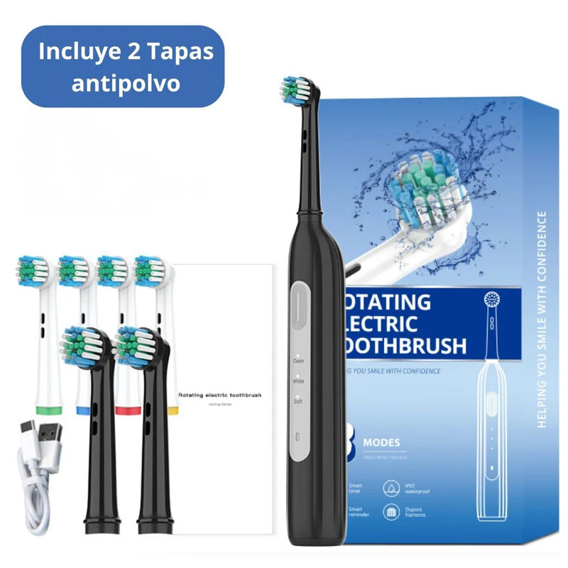 Cepillo De Dientes Eléctrico Rotatorio Impermeable IPX7, Carga USB Tipo-C, 600 Mah 30 Días De Autonomía 7500 Vpm, Con 6 Cabezales Y 2 Tapas Antipolvo. Color Negro. TU719