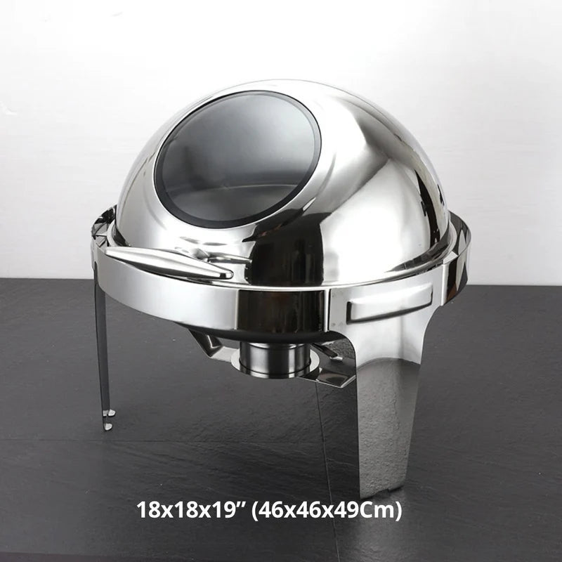 Chafing Dish Redondo De Acero Inoxidable Engrosado Con Tapa Abatible Completa 18X18x19” (46X46x49cm) Con Calentador De Alcohol Para Hoteles, Restaurantes, Buffets, Catering. 6 Litros TU750