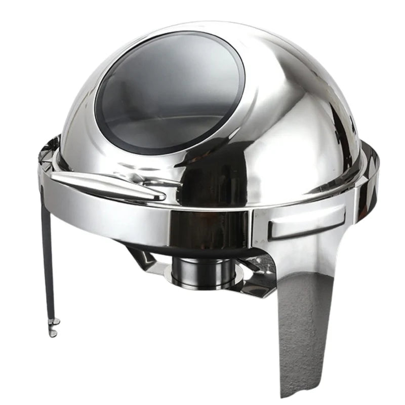 Chafing Dish Redondo De Acero Inoxidable Engrosado Con Tapa Abatible Completa 18X18x19” (46X46x49cm) Con Calentador De Alcohol Para Hoteles, Restaurantes, Buffets, Catering. 6 Litros TU750