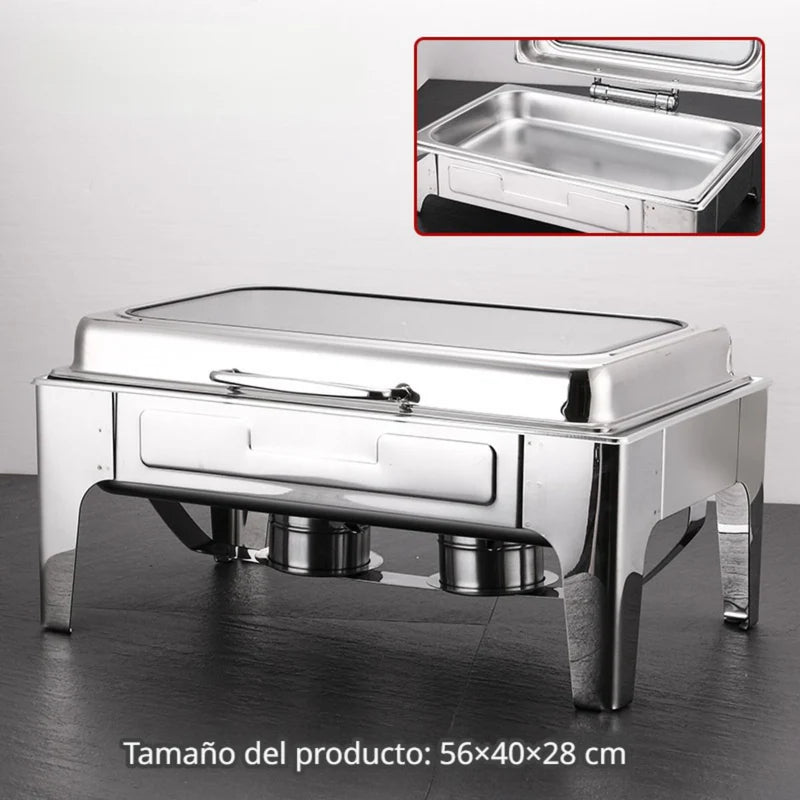 Chafing Dish Rectangular De Acero Inoxidable Con Tapa Hidraulica Cierre Suave De Vidrio 22X16x11" De 1 Compartimiento Calentamiento Por Alcohol Para Hoteles, Restaurantes, Buffets, Catering. TU751 Selecto