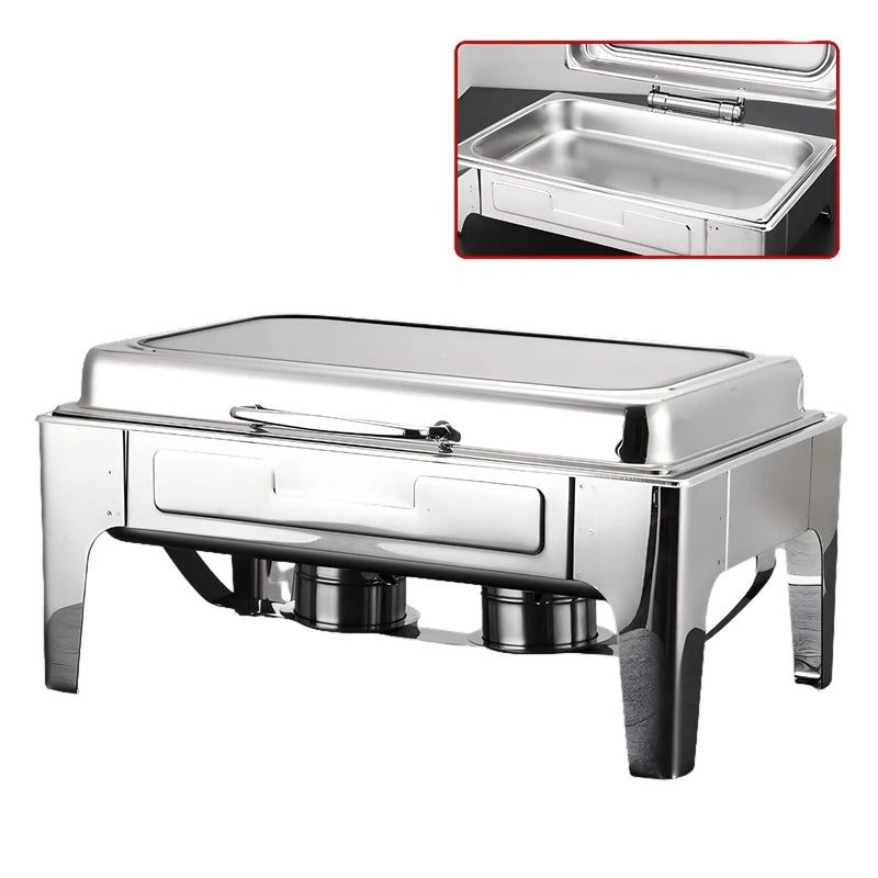 Chafing Dish Rectangular De Acero Inoxidable Con Tapa Hidraulica Cierre Suave De Vidrio 22X16x11" De 1 Compartimiento Calentamiento Por Alcohol Para Hoteles, Restaurantes, Buffets, Catering. TU751 Selecto