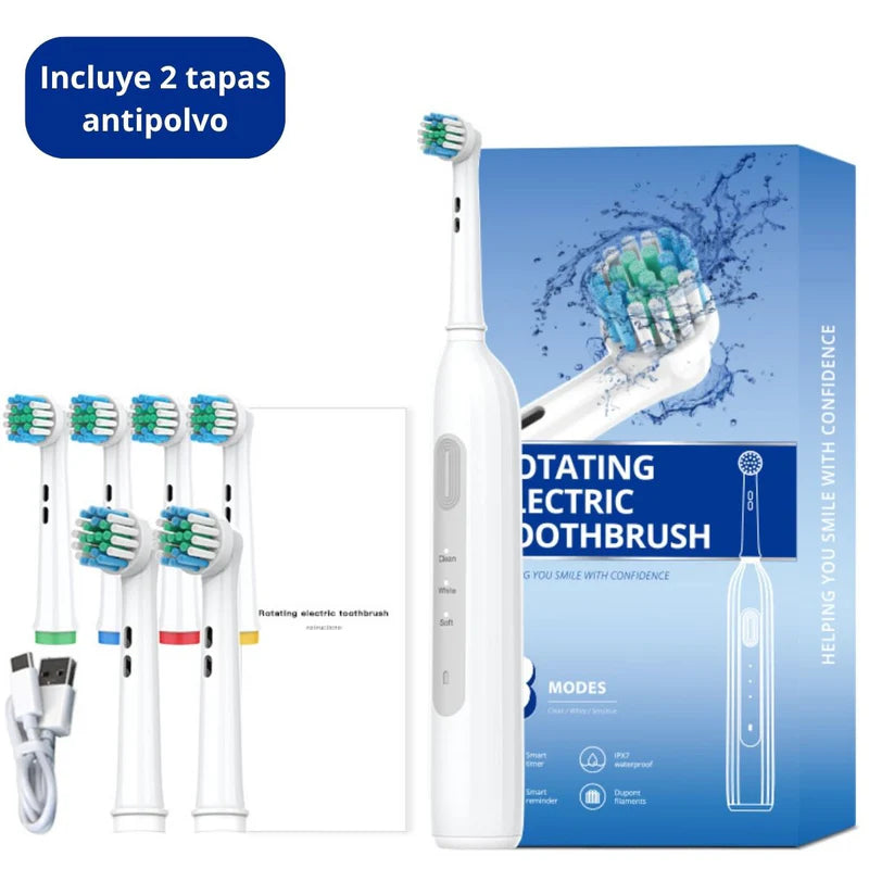 Cepillo De Dientes Eléctrico Rotatorio Impermeable IPX7, Carga USB Tipo-C, 600 Mah 30 Días De Autonomía 7500 Vpm, Con 6 Cabezales Y 2 Tapas Antipolvo. Color Blanco. TU770