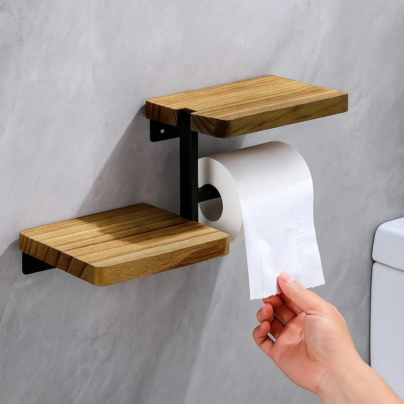 Portarrollos De Papel Higiénico De Madera Con Hierro. Soporte De Papel Sanitario Con Repisa. Porta Papel. TU788