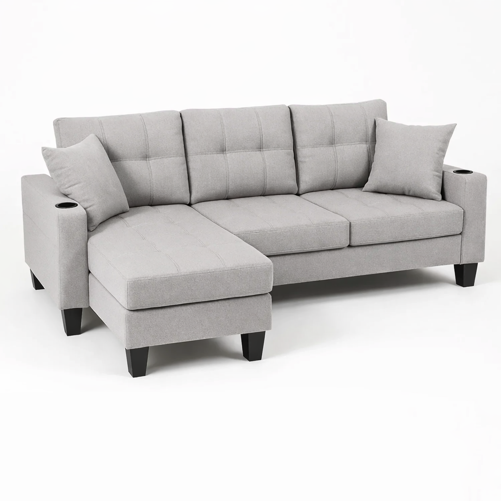 Sofá en L de Tapicería de Tela Gris con Porta Vasos 65x183x120cm LEG6818