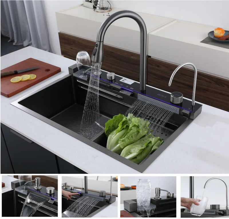 Fregador De Cocina Multifunción Nano Black Piano Switch 750X460x220mm Negro Plomo Fregadores Tinas De Cocina IBK-01 CARBONE
