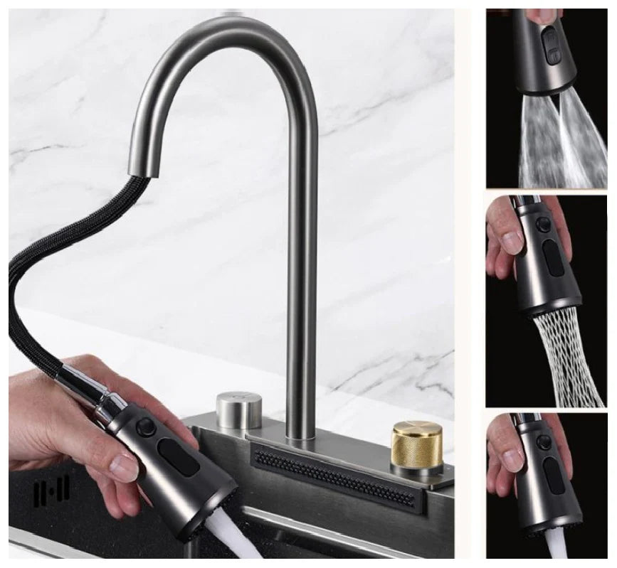 Fregador De Cocina Sencillo Con Accesorios 750X460x220mm Negro Plomo Fregadores Tinas De Cocina IBK-02 CARBONE