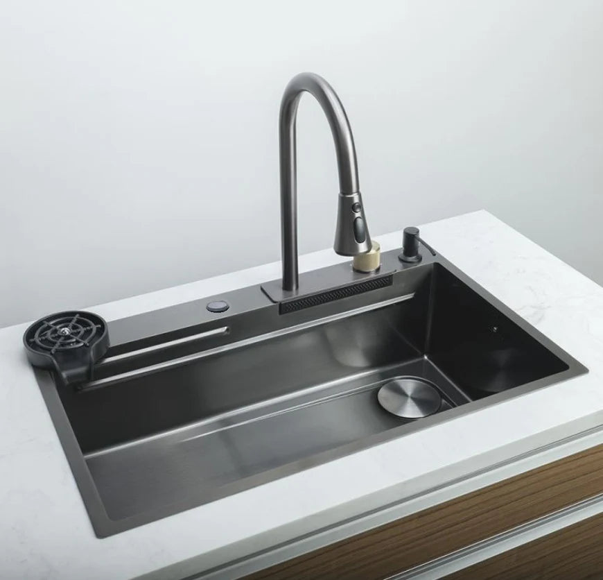 Fregador De Cocina Sencillo Con Accesorios 750X460x220mm Negro Plomo Fregadores Tinas De Cocina IBK-02 CARBONE