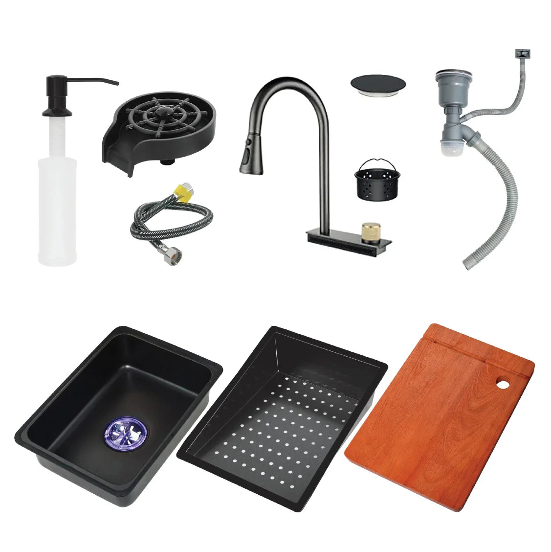 Fregador De Cocina Sencillo Con Accesorios 750X460x220mm Negro Plomo Fregadores Tinas De Cocina IBK-02 CARBONE