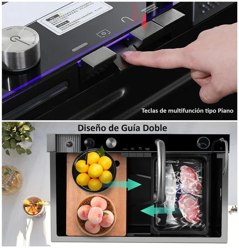 Fregador De Cocina Multifunción Nano Black Piano Switch 750X460x220mm Negro Plomo Fregadores Tinas De Cocina IBK-01 CARBONE